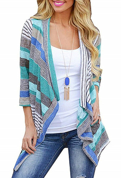 BISHUIGE Women's 3/4 Sleeve Kimono Loose Cardigan Sweaters Small,Blue 